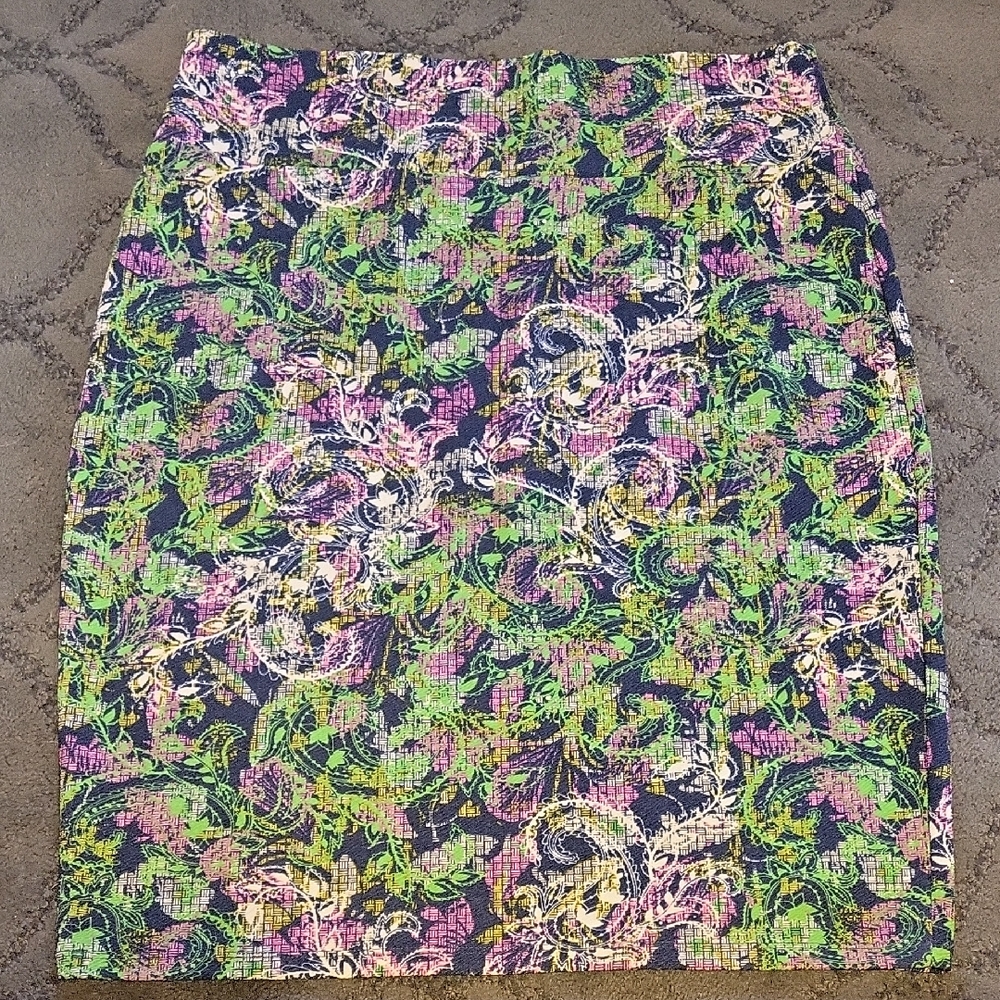 LuLaRoe Navy Pencil Skirt with Green & Pink Floral Swirls